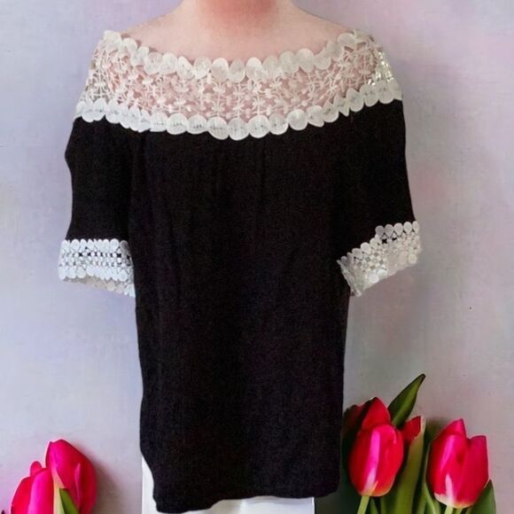 INC INTERNATIONAL CONCEPTS MEDIUM TOP BLOUSE OFF SHOULDER LACE DETAIL BLACK - Picture 1 of 7